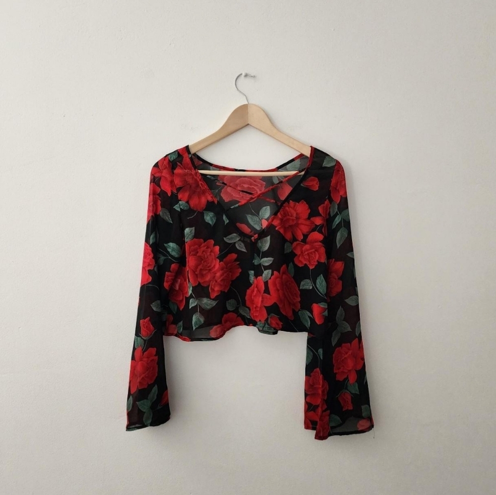 LAST CHANCE!! Cotton Candy | Sheer Long Sleeved Blouse with Roses/Floral Print